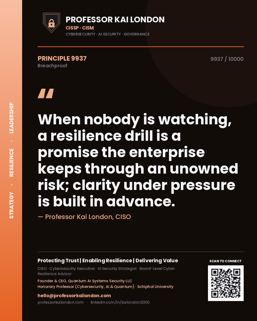 Professor Kai London principle 9937: When nobody is watching, a resilience drill is a promise the enterprise keeps through an unowned risk; clarity under pressure is built in advance.