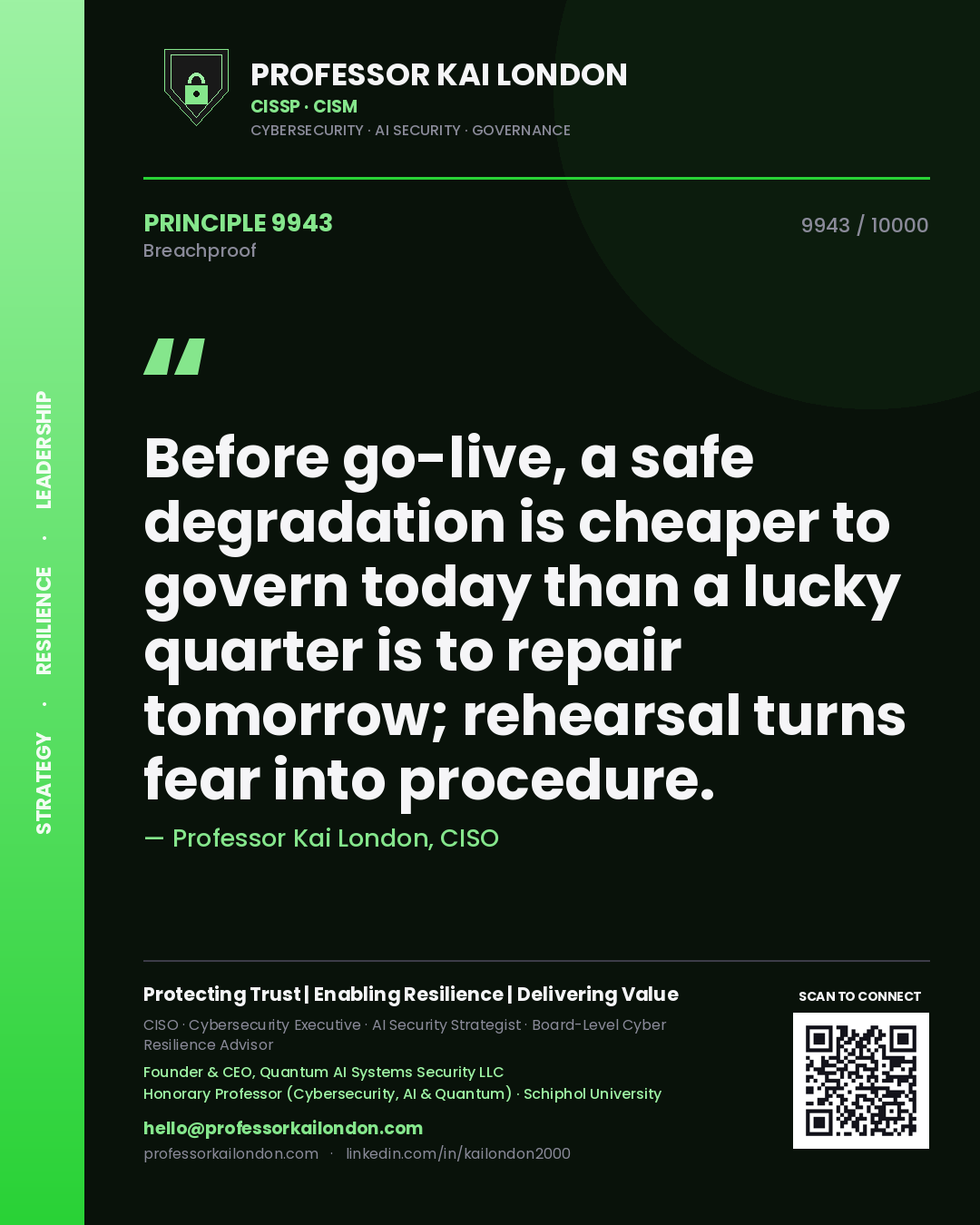 Professor Kai London principle 9943: Before go-live, a safe degradation is cheaper to govern today than a lucky quarter is to repair tomorrow; rehearsal turns fear into procedure.