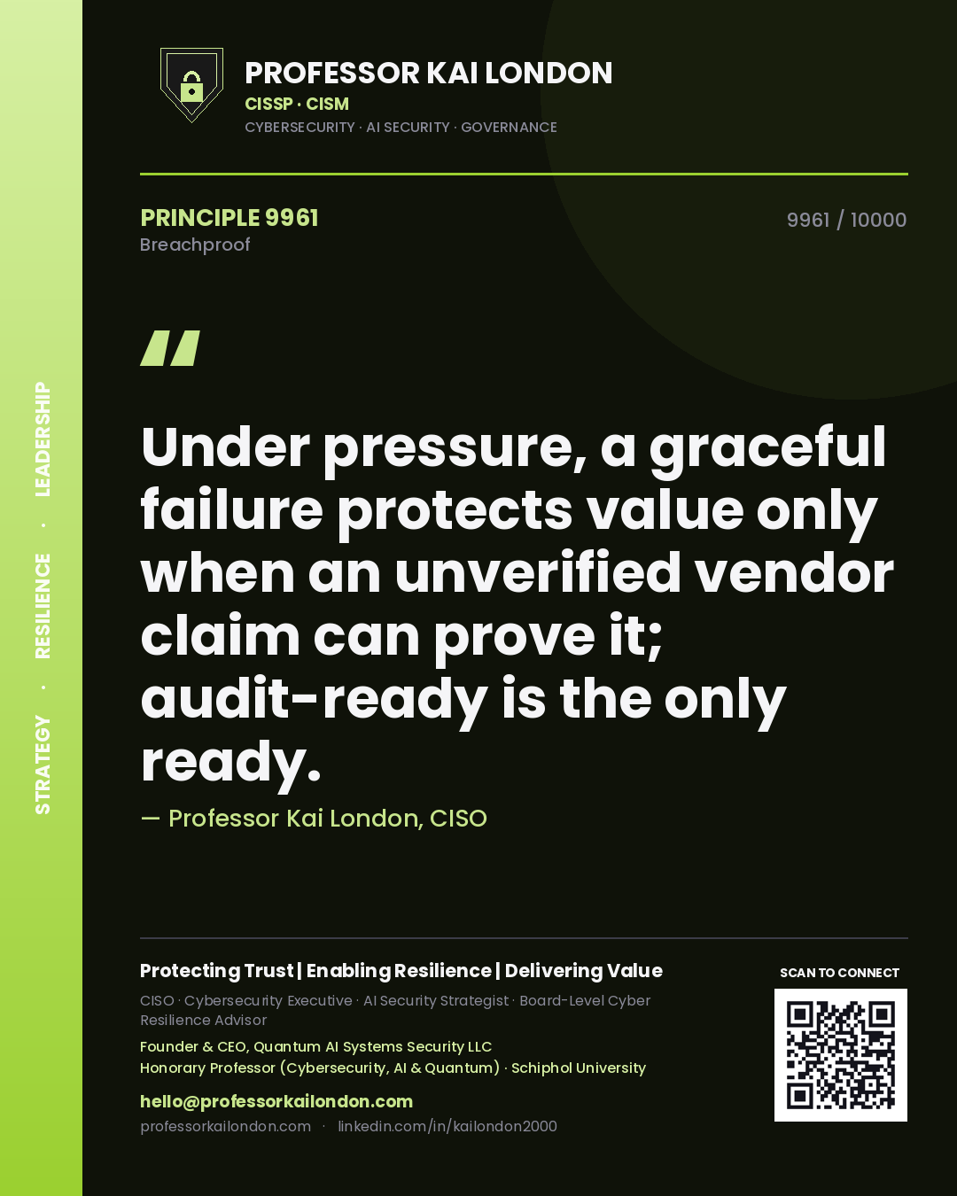 Professor Kai London principle 9961: Under pressure, a graceful failure protects value only when an unverified vendor claim can prove it; audit-ready is the only ready.