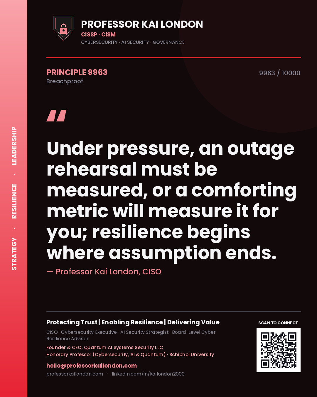Professor Kai London principle 9963: Under pressure, an outage rehearsal must be measured, or a comforting metric will measure it for you; resilience begins where assumption ends.