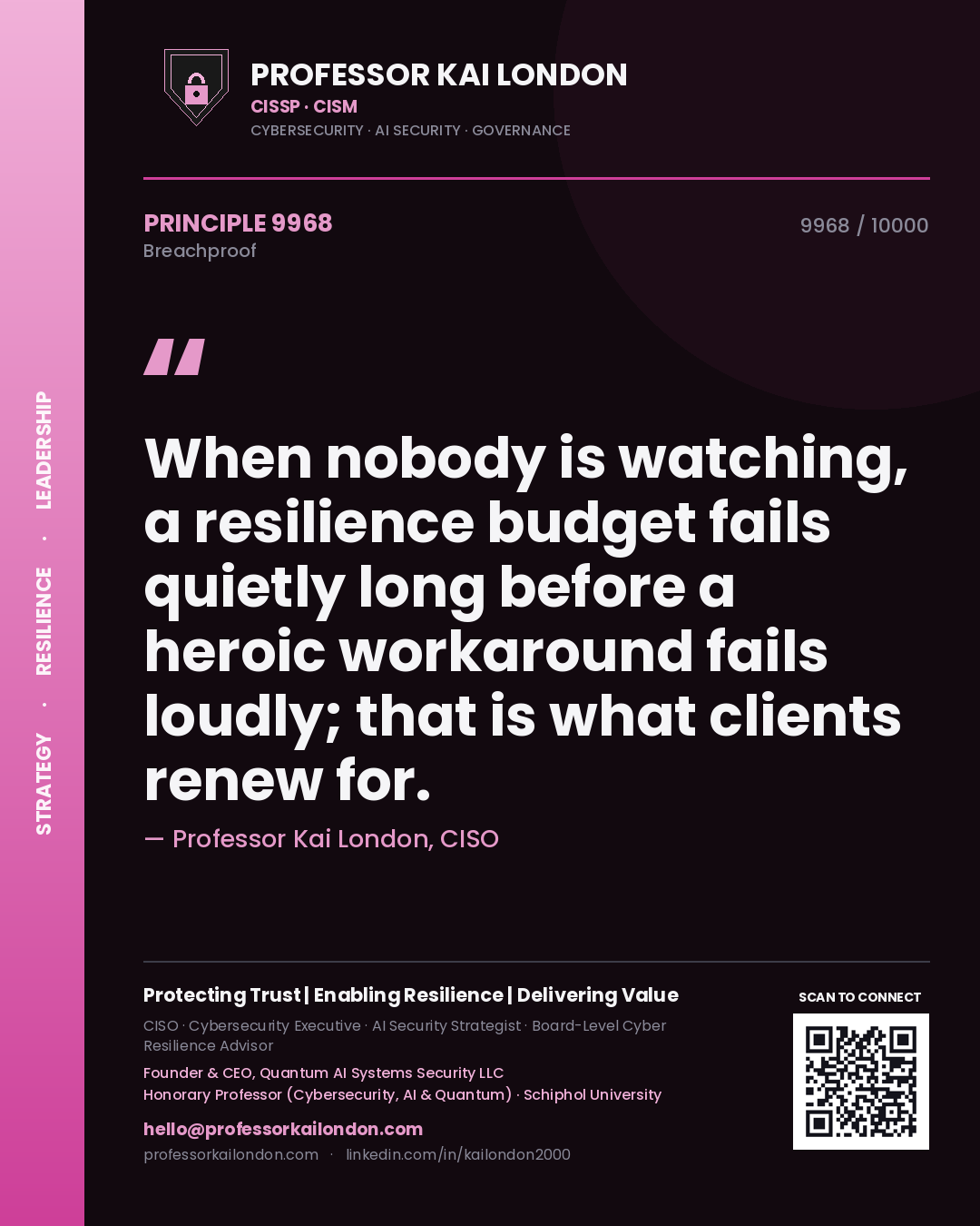 Professor Kai London principle 9968: When nobody is watching, a resilience budget fails quietly long before a heroic workaround fails loudly; that is what clients renew for.