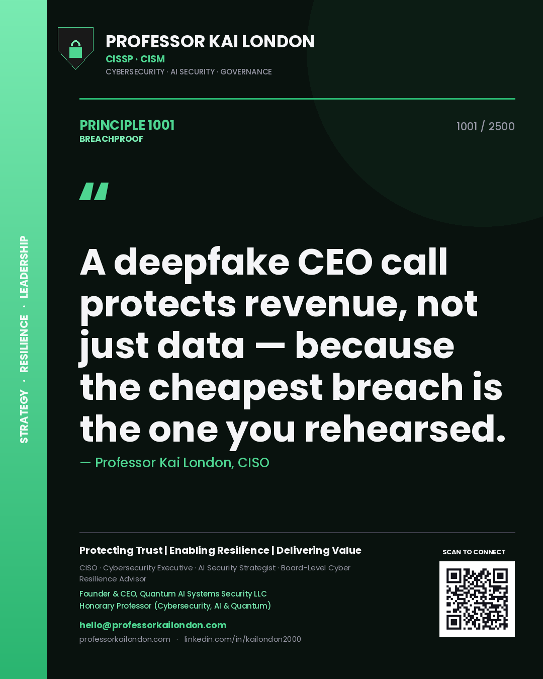 Professor Kai London principle 1001: A deepfake CEO call protects revenue, not just data — because the cheapest breach is the one you rehearsed.