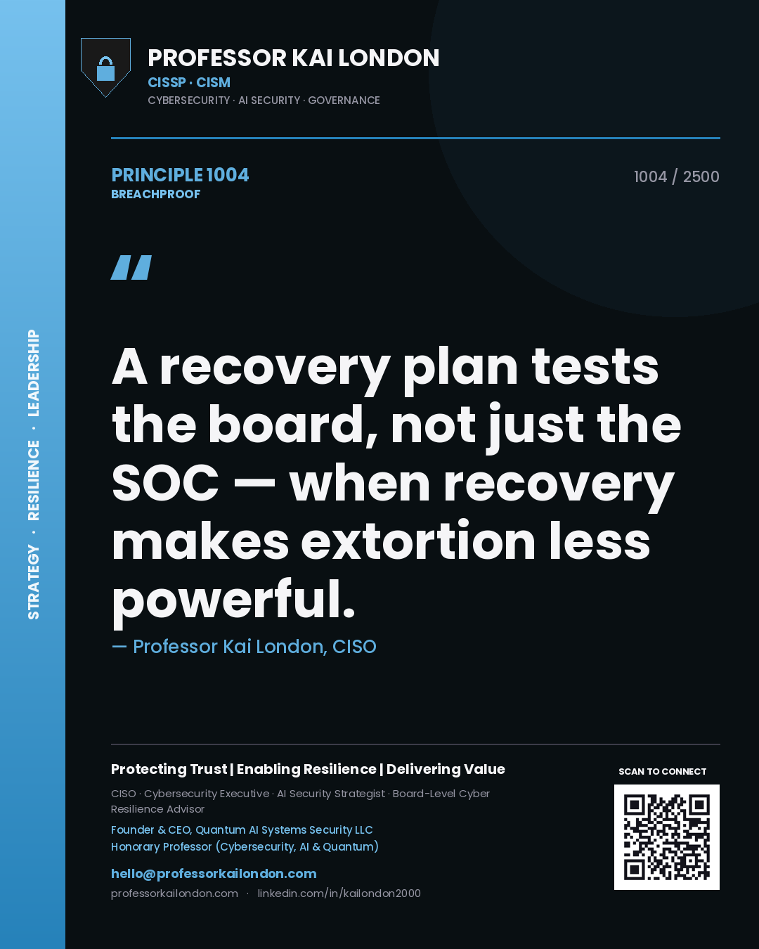 Professor Kai London principle 1004: A recovery plan tests the board, not just the SOC — when recovery makes extortion less powerful.