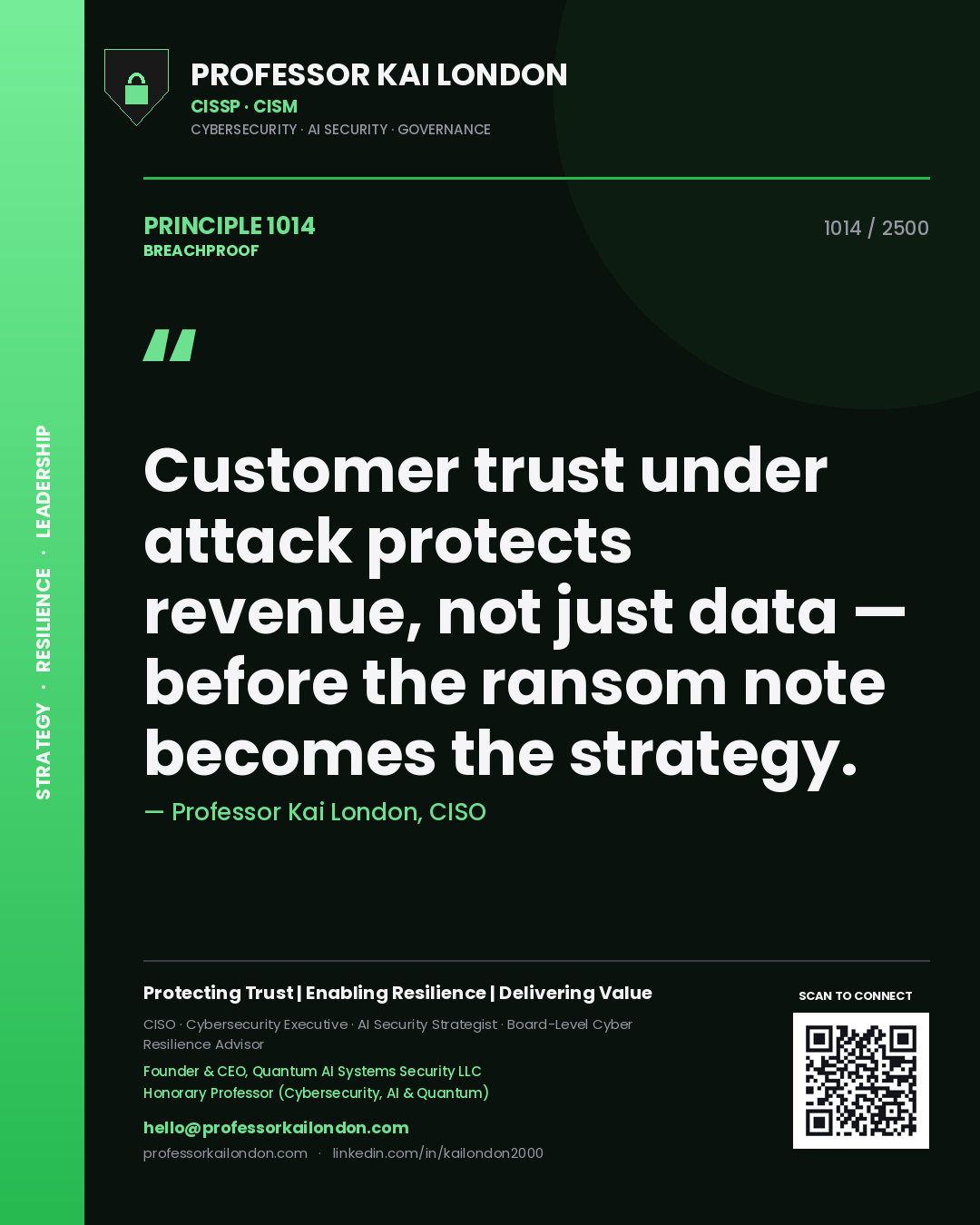 Professor Kai London principle 1014: Customer trust under attack protects revenue, not just data — before the ransom note becomes the strategy.