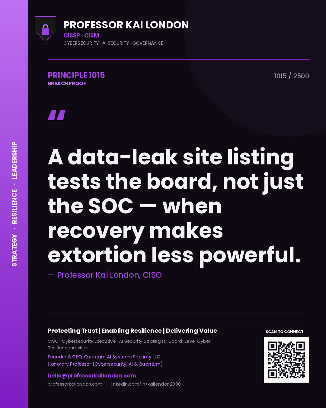 Professor Kai London principle 1015: A data-leak site listing tests the board, not just the SOC — when recovery makes extortion less powerful.