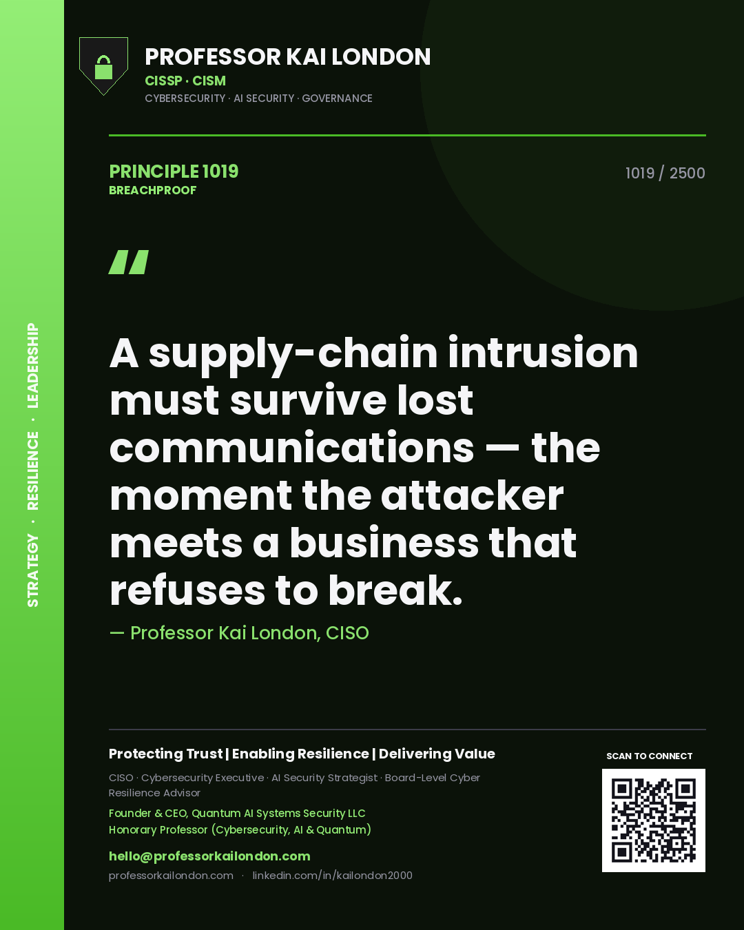 Professor Kai London principle 1019: A supply-chain intrusion must survive lost communications — the moment the attacker meets a business that refuses to break.