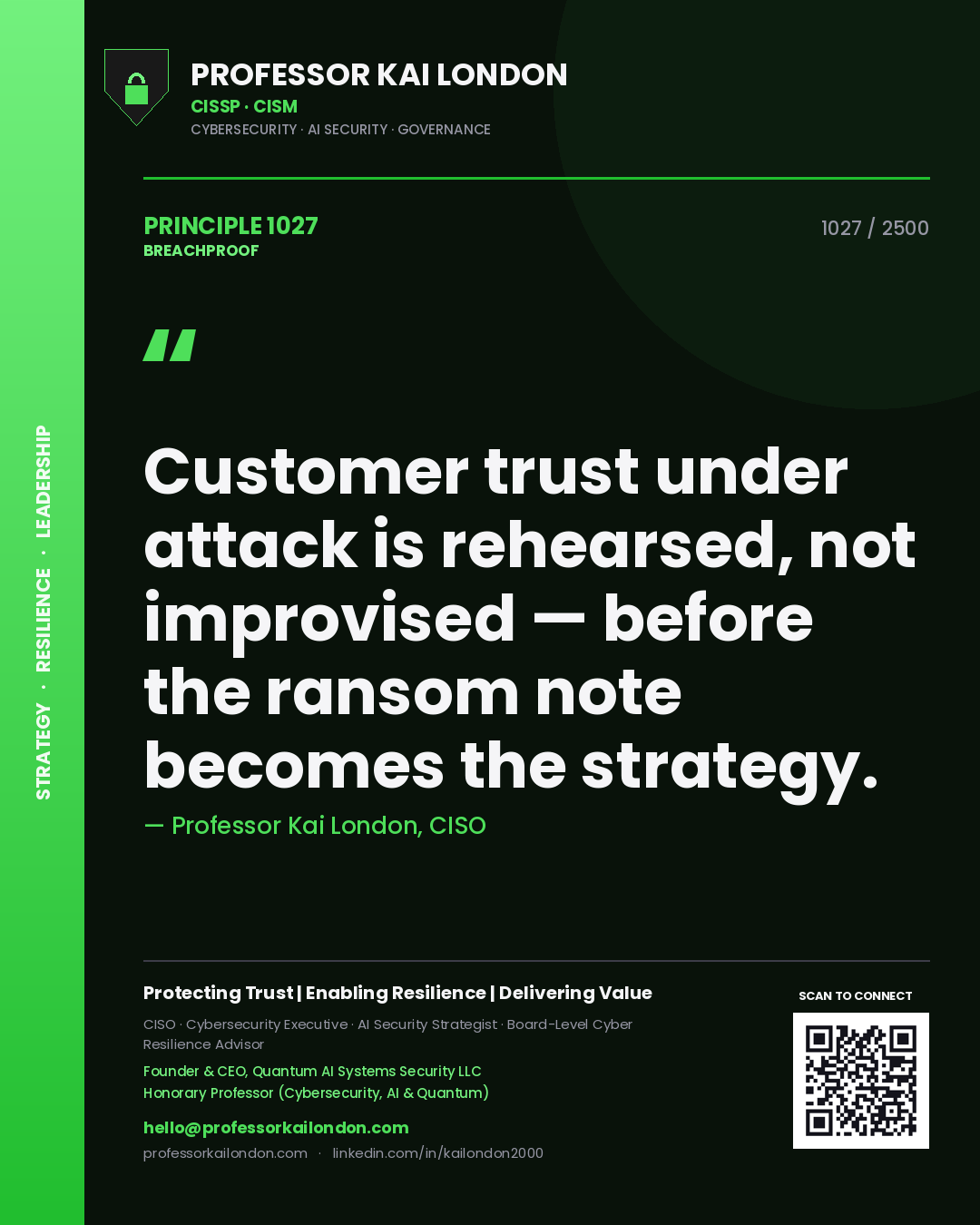 Professor Kai London principle 1027: Customer trust under attack is rehearsed, not improvised — before the ransom note becomes the strategy.