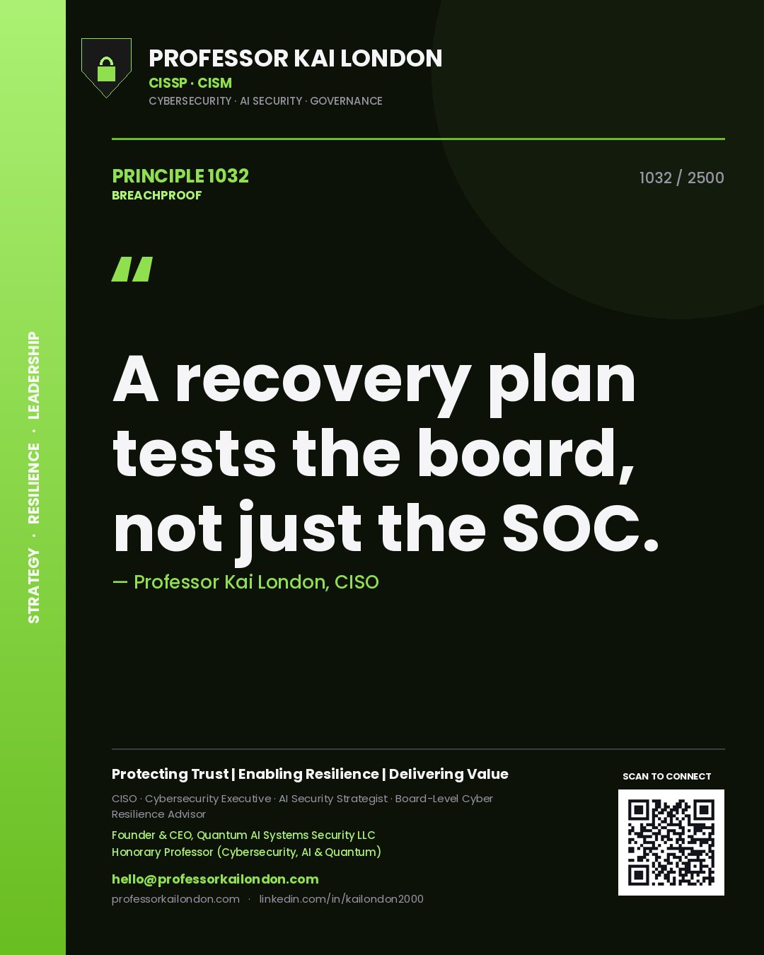 Professor Kai London principle 1032: A recovery plan tests the board, not just the SOC.