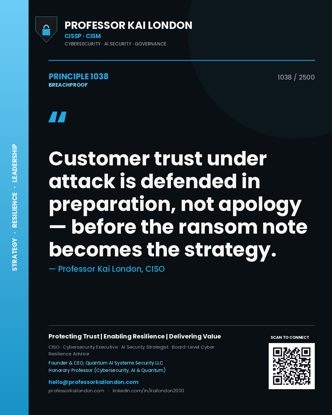 Professor Kai London principle 1038: Customer trust under attack is defended in preparation, not apology — before the ransom note becomes the strategy.