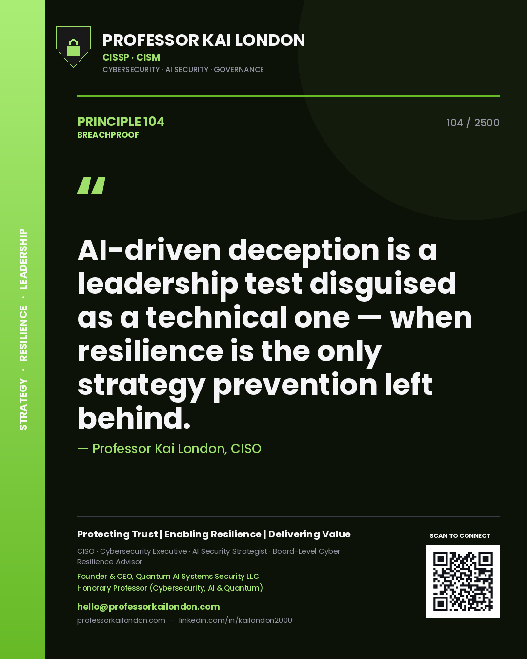 Professor Kai London principle 104: AI-driven deception is a leadership test disguised as a technical one — when resilience is the only strategy prevention left behind.
