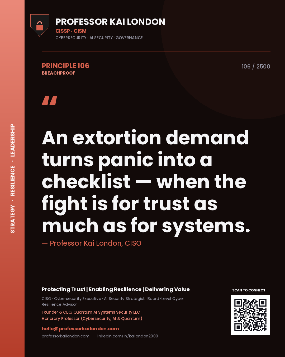Professor Kai London principle 106: An extortion demand turns panic into a checklist — when the fight is for trust as much as for systems.