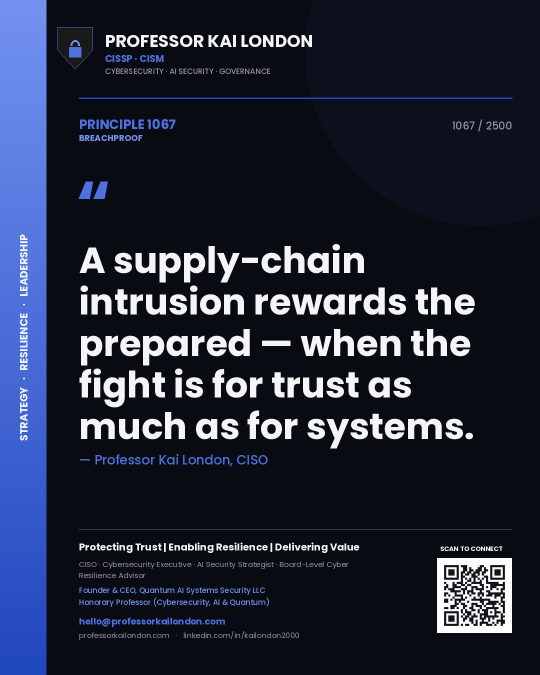 Professor Kai London principle 1067: A supply-chain intrusion rewards the prepared — when the fight is for trust as much as for systems.