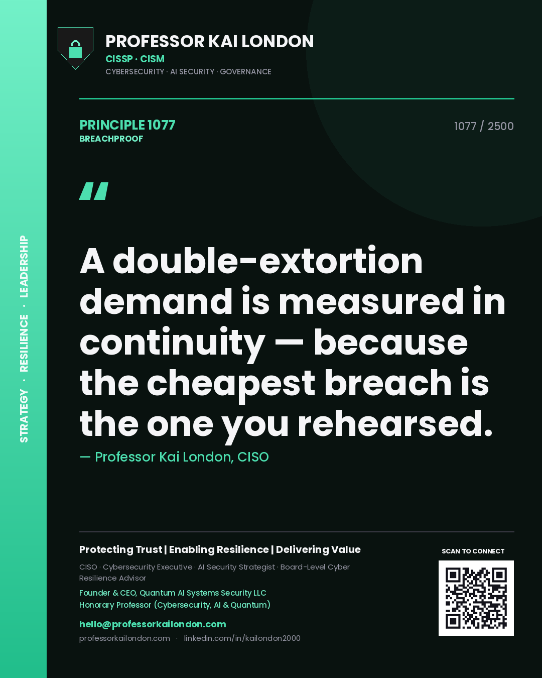 Professor Kai London principle 1077: A double-extortion demand is measured in continuity — because the cheapest breach is the one you rehearsed.