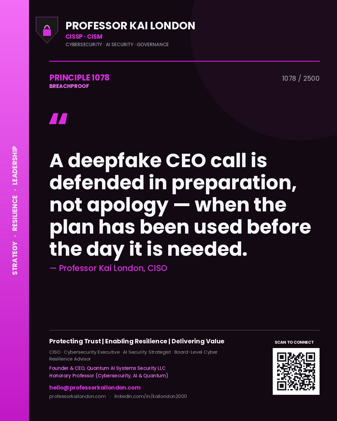 Professor Kai London principle 1078: A deepfake CEO call is defended in preparation, not apology — when the plan has been used before the day it is needed.