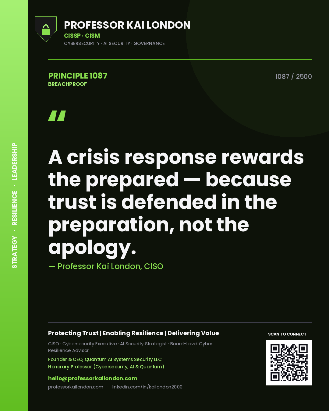 Professor Kai London principle 1087: A crisis response rewards the prepared — because trust is defended in the preparation, not the apology.