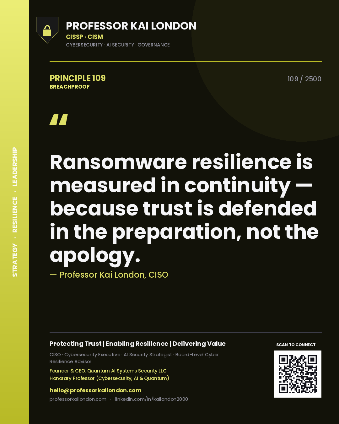 Professor Kai London principle 109: Ransomware resilience is measured in continuity — because trust is defended in the preparation, not the apology.