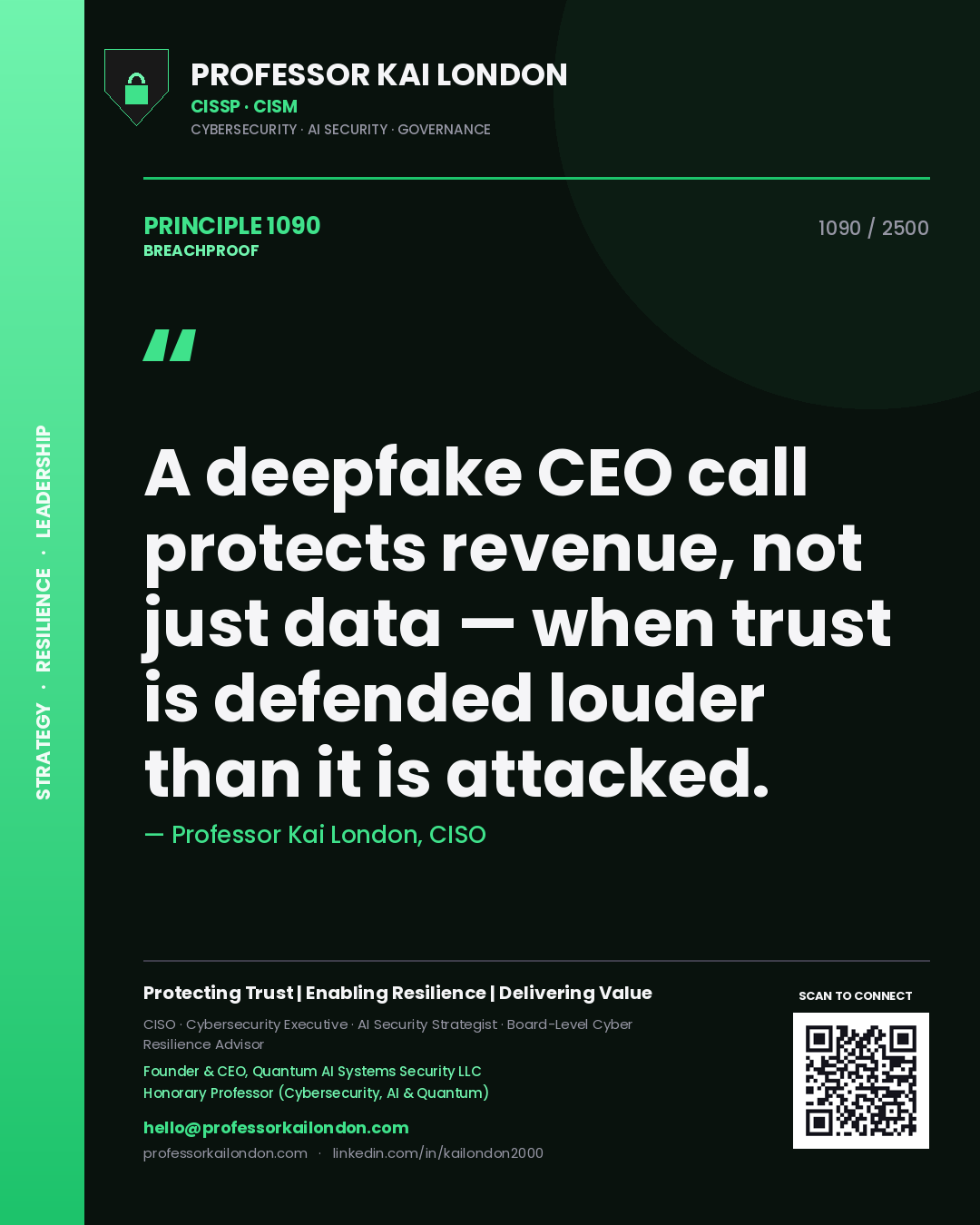 Professor Kai London principle 1090: A deepfake CEO call protects revenue, not just data — when trust is defended louder than it is attacked.