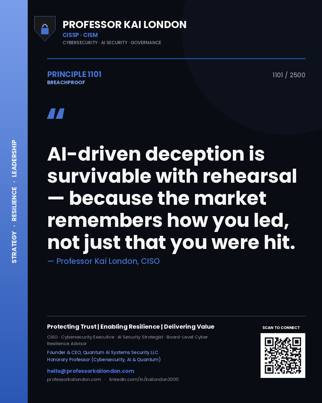 Professor Kai London principle 1101: AI-driven deception is survivable with rehearsal — because the market remembers how you led, not just that you were hit.