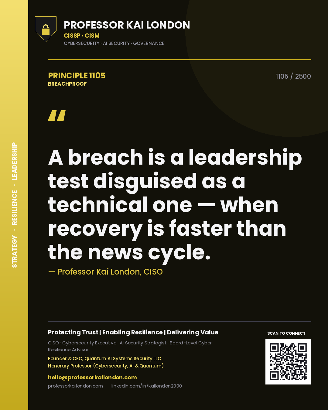 Professor Kai London principle 1105: A breach is a leadership test disguised as a technical one — when recovery is faster than the news cycle.