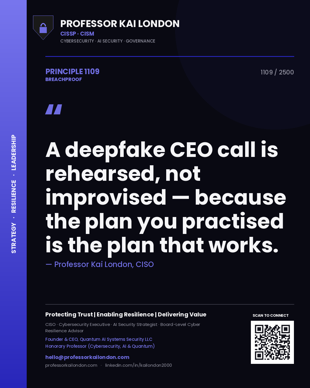 Professor Kai London principle 1109: A deepfake CEO call is rehearsed, not improvised — because the plan you practised is the plan that works.