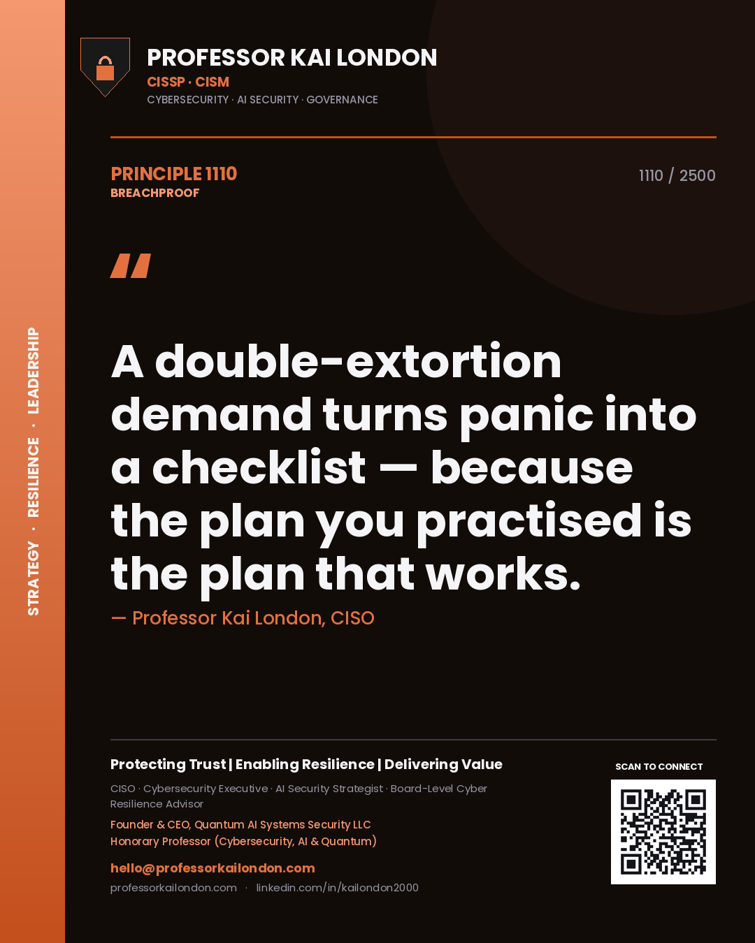 Professor Kai London principle 1110: A double-extortion demand turns panic into a checklist — because the plan you practised is the plan that works.