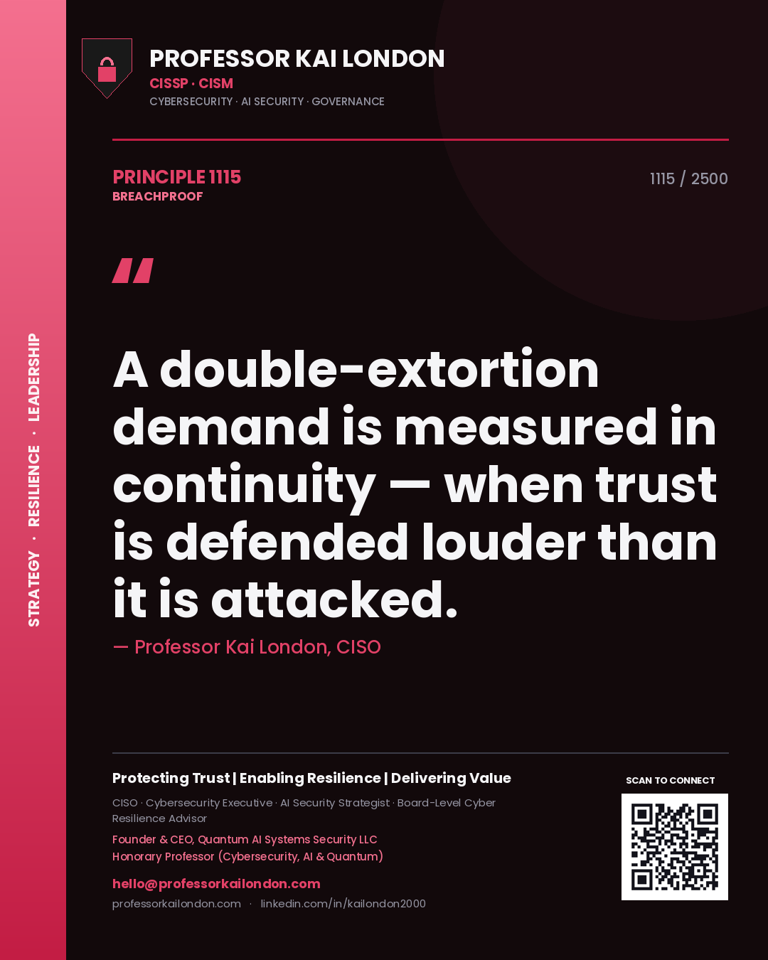 Professor Kai London principle 1115: A double-extortion demand is measured in continuity — when trust is defended louder than it is attacked.