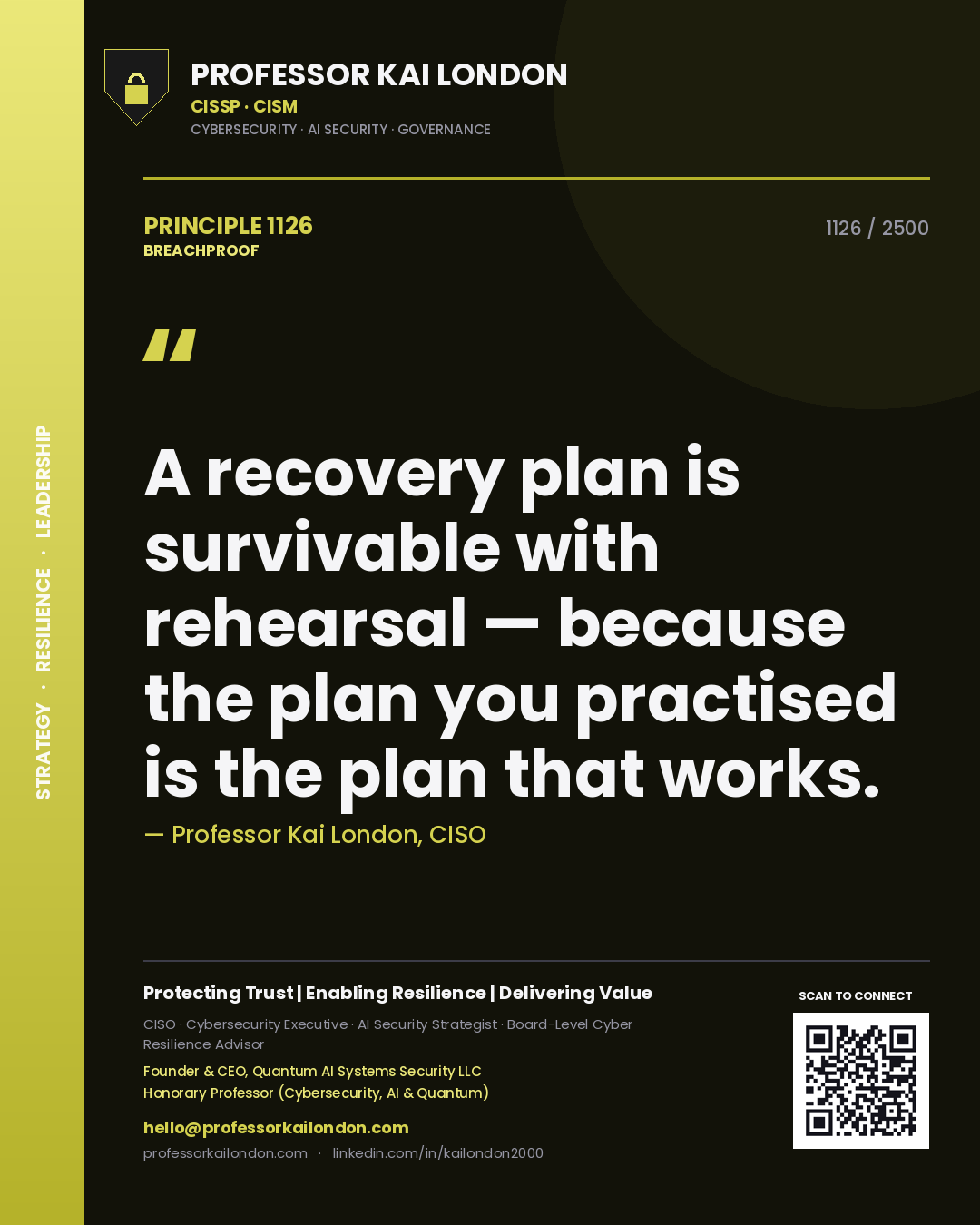 Professor Kai London principle 1126: A recovery plan is survivable with rehearsal — because the plan you practised is the plan that works.