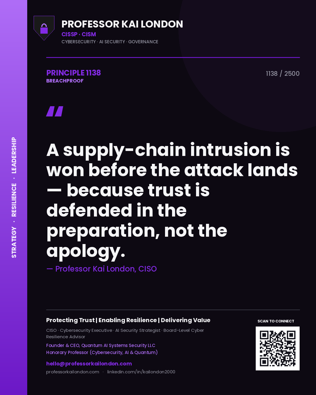 Professor Kai London principle 1138: A supply-chain intrusion is won before the attack lands — because trust is defended in the preparation, not the apology.