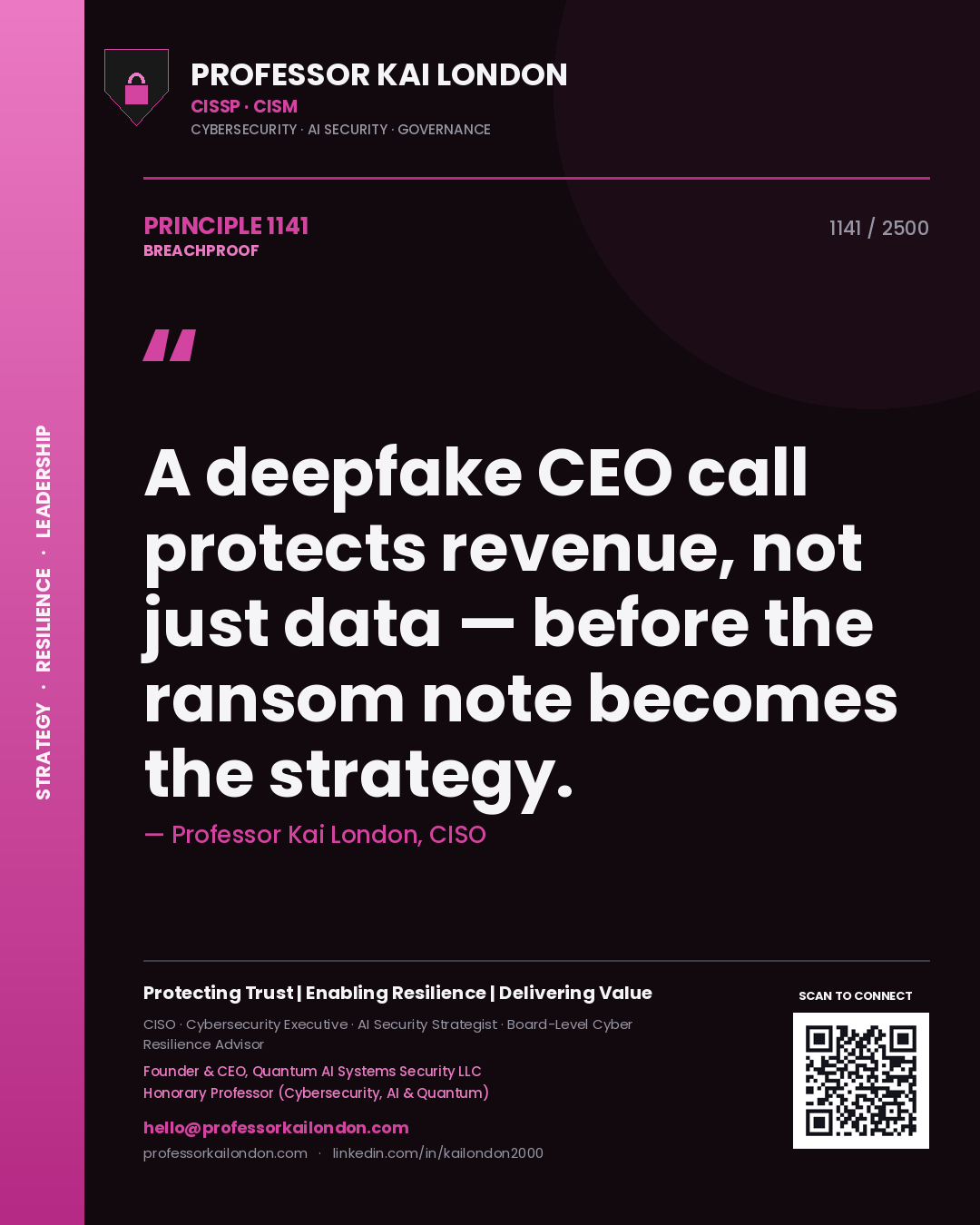 Professor Kai London principle 1141: A deepfake CEO call protects revenue, not just data — before the ransom note becomes the strategy.