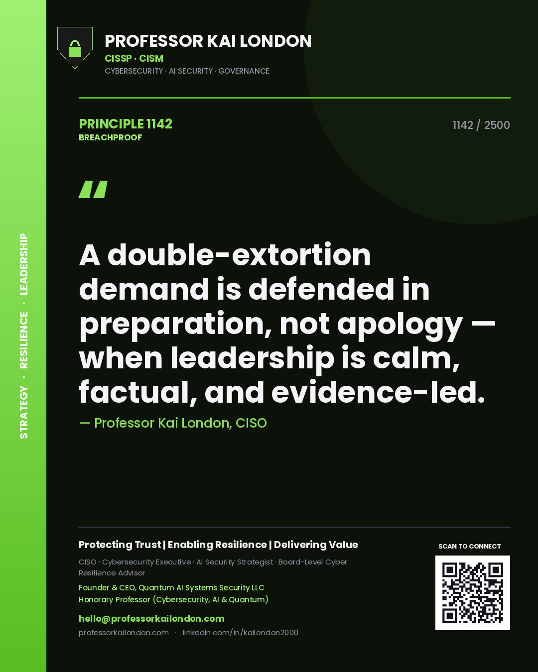 Professor Kai London principle 1142: A double-extortion demand is defended in preparation, not apology — when leadership is calm, factual, and evidence-led.