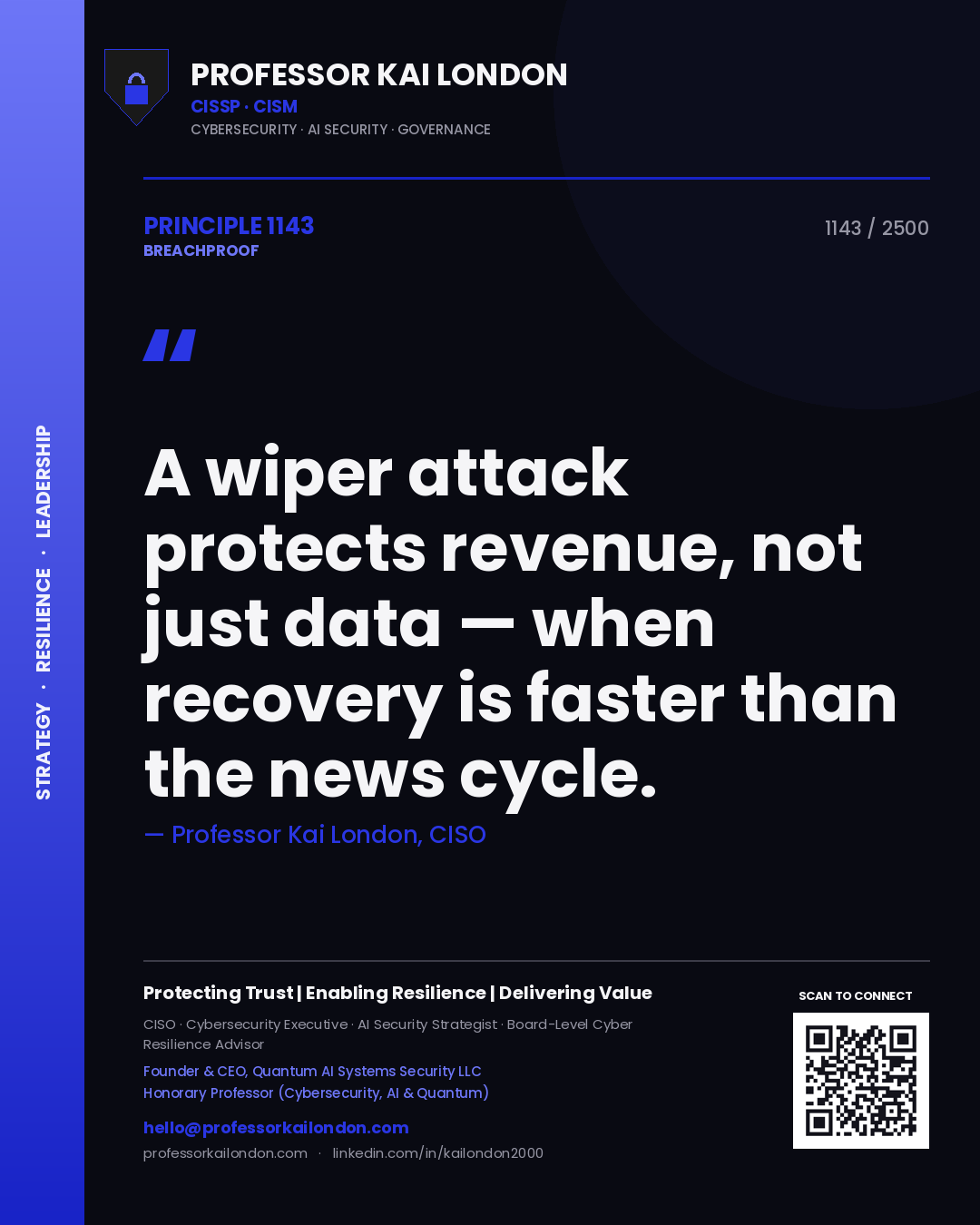 Professor Kai London principle 1143: A wiper attack protects revenue, not just data — when recovery is faster than the news cycle.