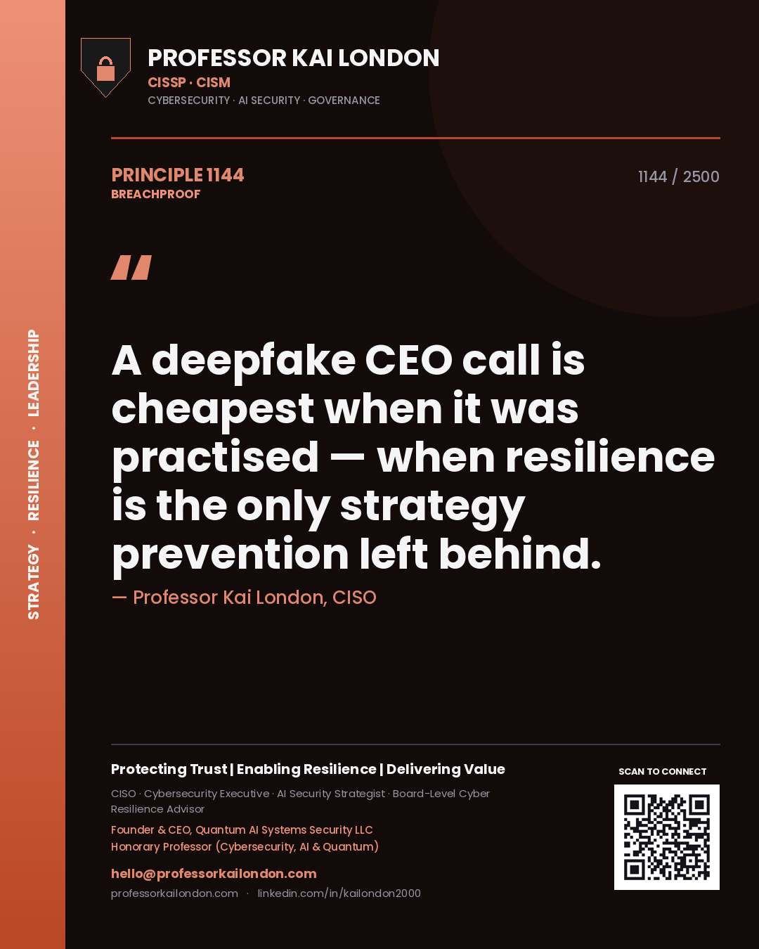 Professor Kai London principle 1144: A deepfake CEO call is cheapest when it was practised — when resilience is the only strategy prevention left behind.