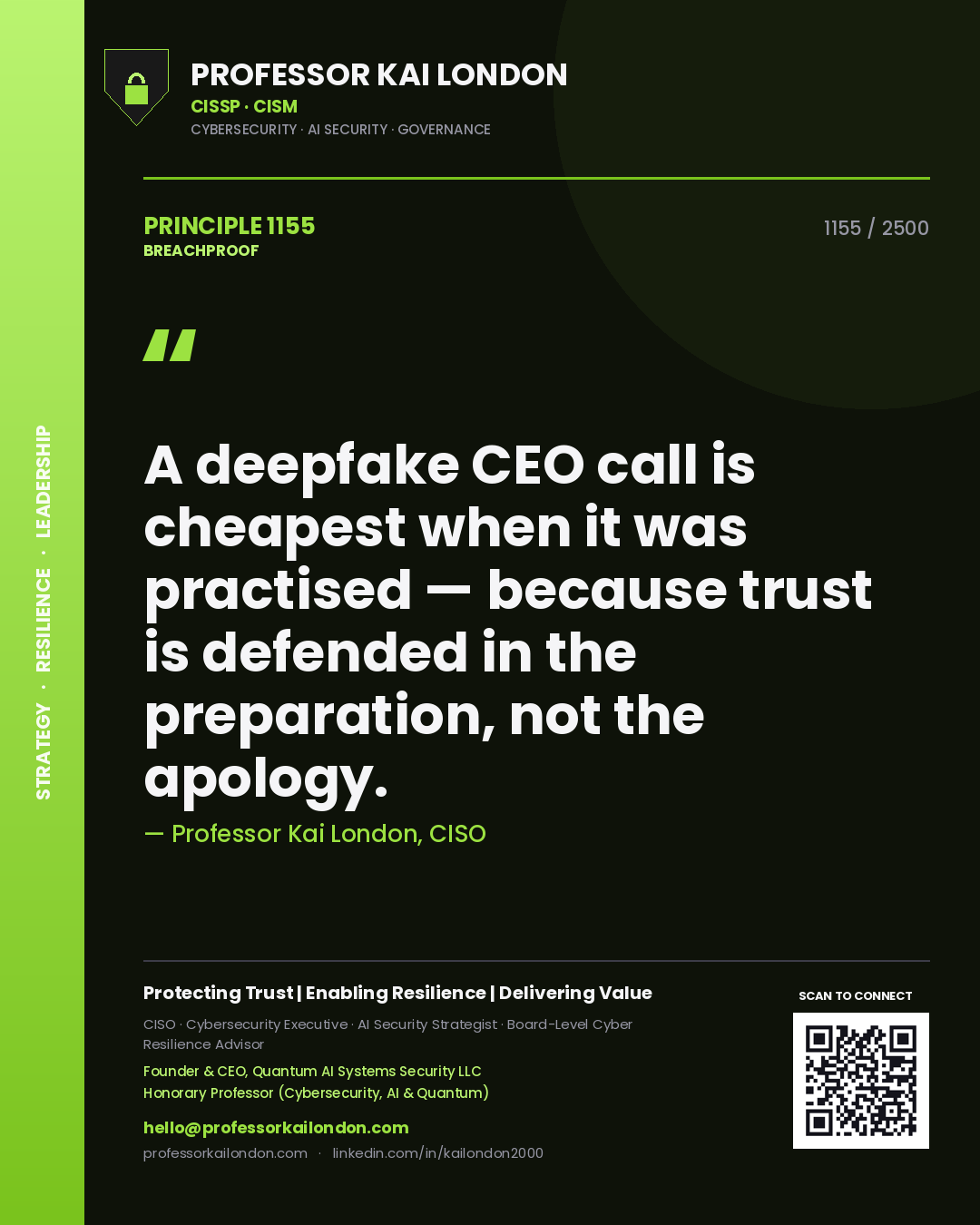 Professor Kai London principle 1155: A deepfake CEO call is cheapest when it was practised — because trust is defended in the preparation, not the apology.
