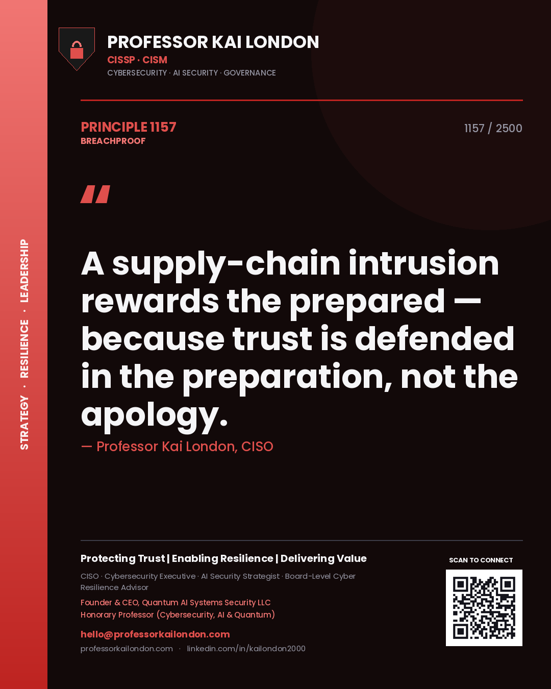 Professor Kai London principle 1157: A supply-chain intrusion rewards the prepared — because trust is defended in the preparation, not the apology.
