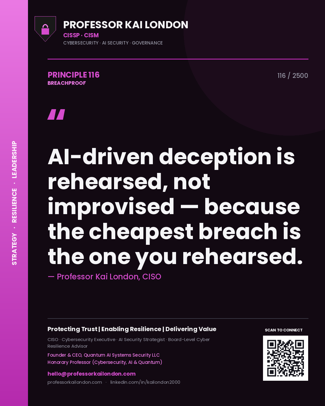 Professor Kai London principle 116: AI-driven deception is rehearsed, not improvised — because the cheapest breach is the one you rehearsed.