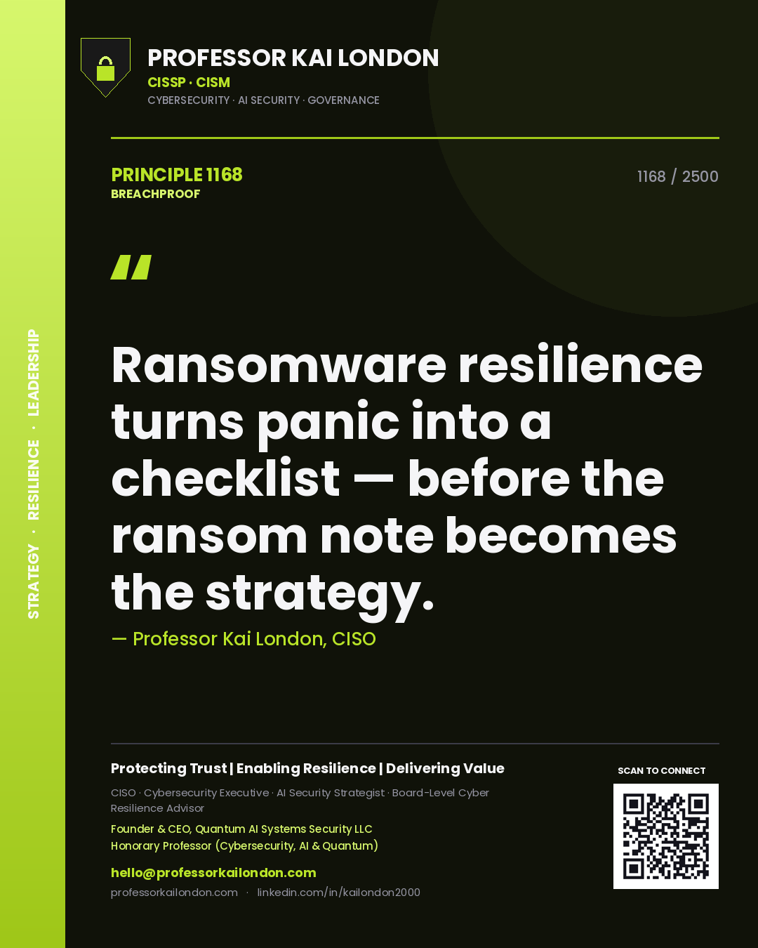 Professor Kai London principle 1168: Ransomware resilience turns panic into a checklist — before the ransom note becomes the strategy.