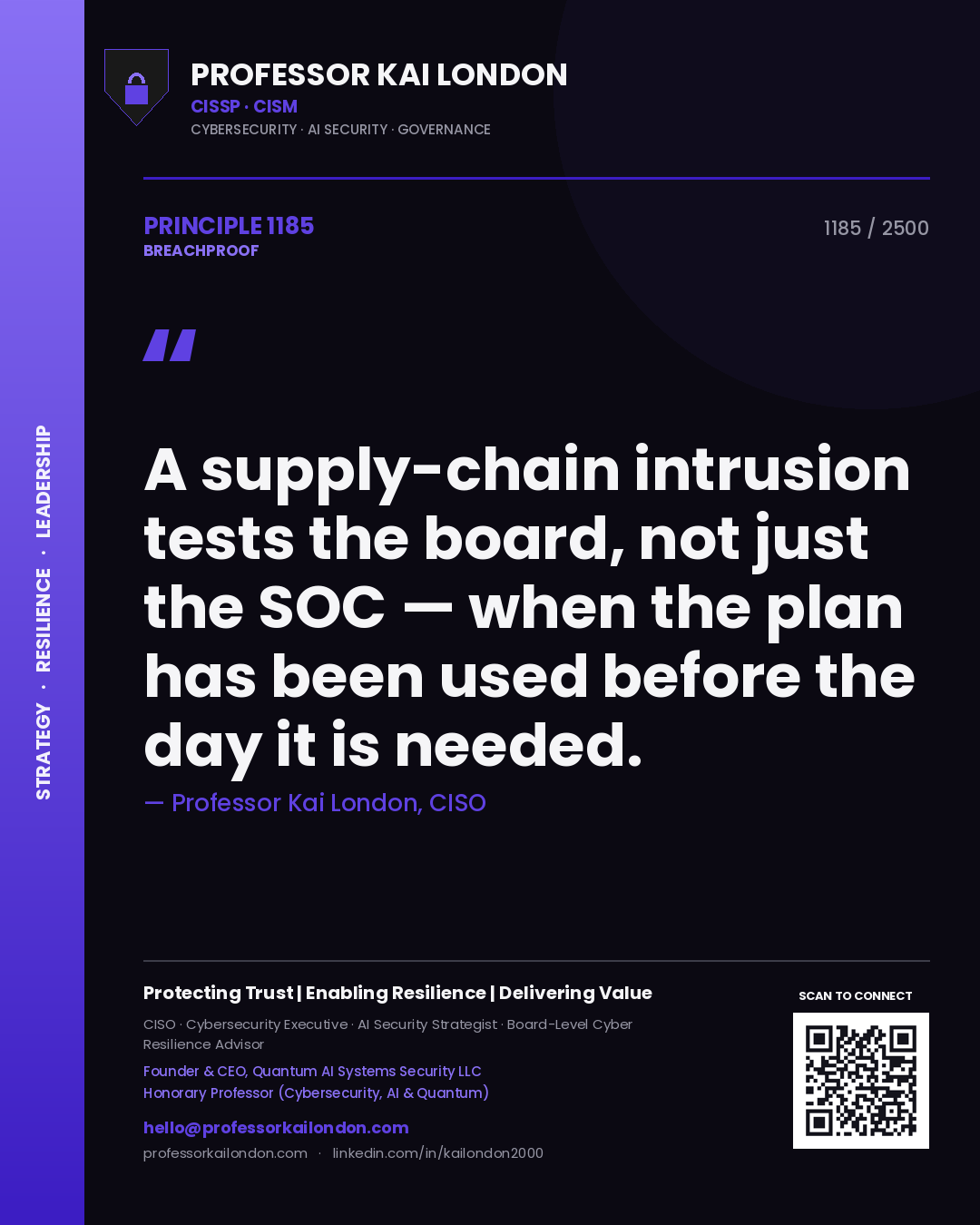 Professor Kai London principle 1185: A supply-chain intrusion tests the board, not just the SOC — when the plan has been used before the day it is needed.