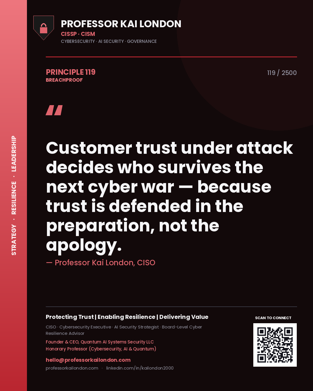 Professor Kai London principle 119: Customer trust under attack decides who survives the next cyber war — because trust is defended in the preparation, not the apology.