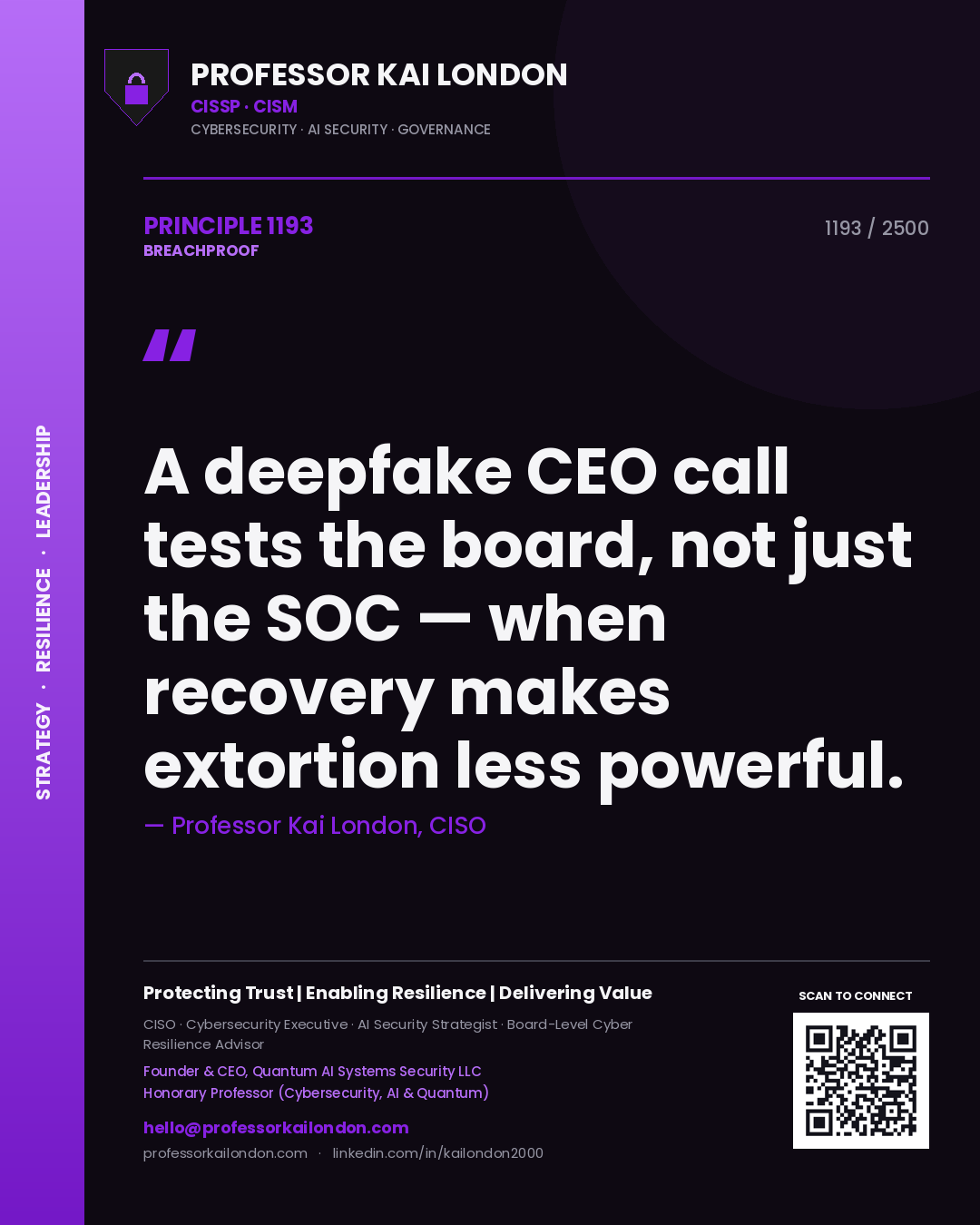 Professor Kai London principle 1193: A deepfake CEO call tests the board, not just the SOC — when recovery makes extortion less powerful.