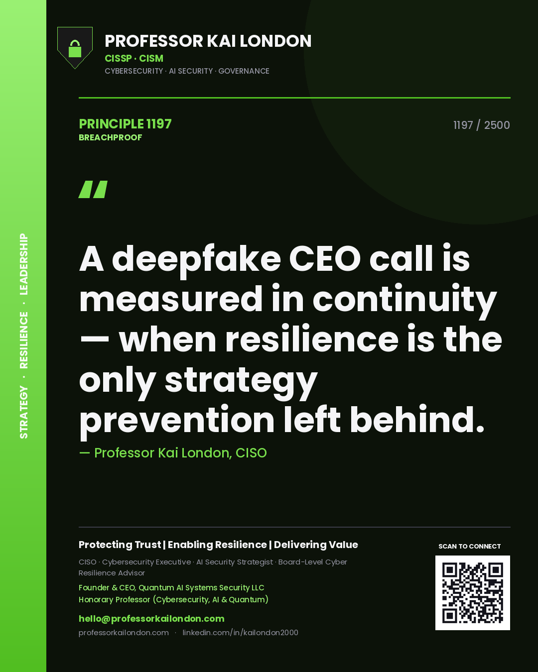 Professor Kai London principle 1197: A deepfake CEO call is measured in continuity — when resilience is the only strategy prevention left behind.