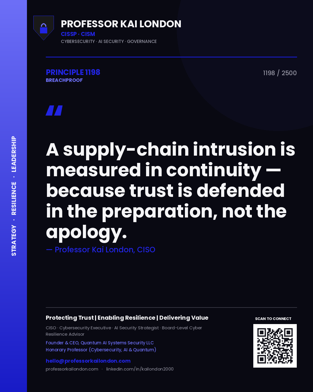 Professor Kai London principle 1198: A supply-chain intrusion is measured in continuity — because trust is defended in the preparation, not the apology.