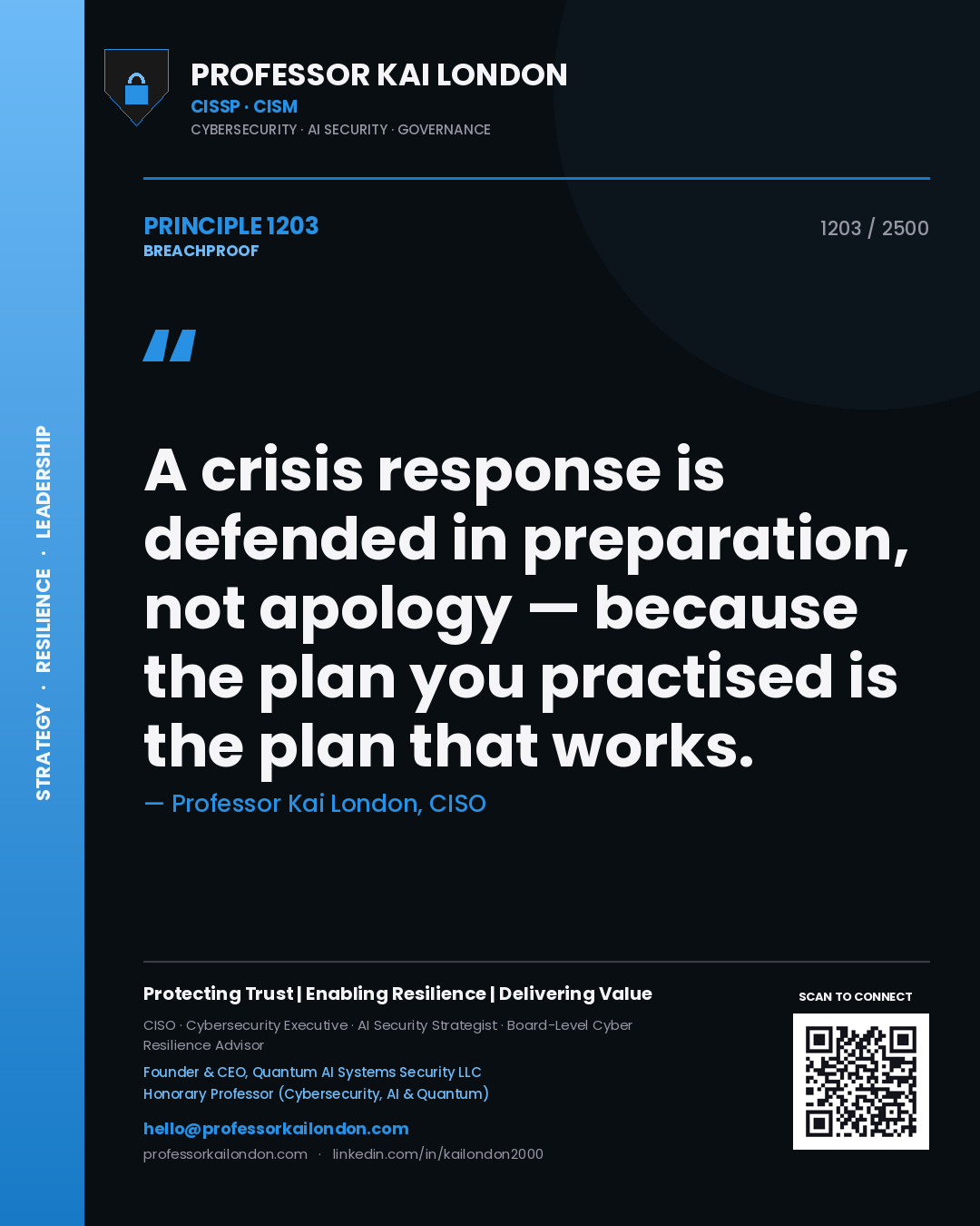 Professor Kai London principle 1203: A crisis response is defended in preparation, not apology — because the plan you practised is the plan that works.