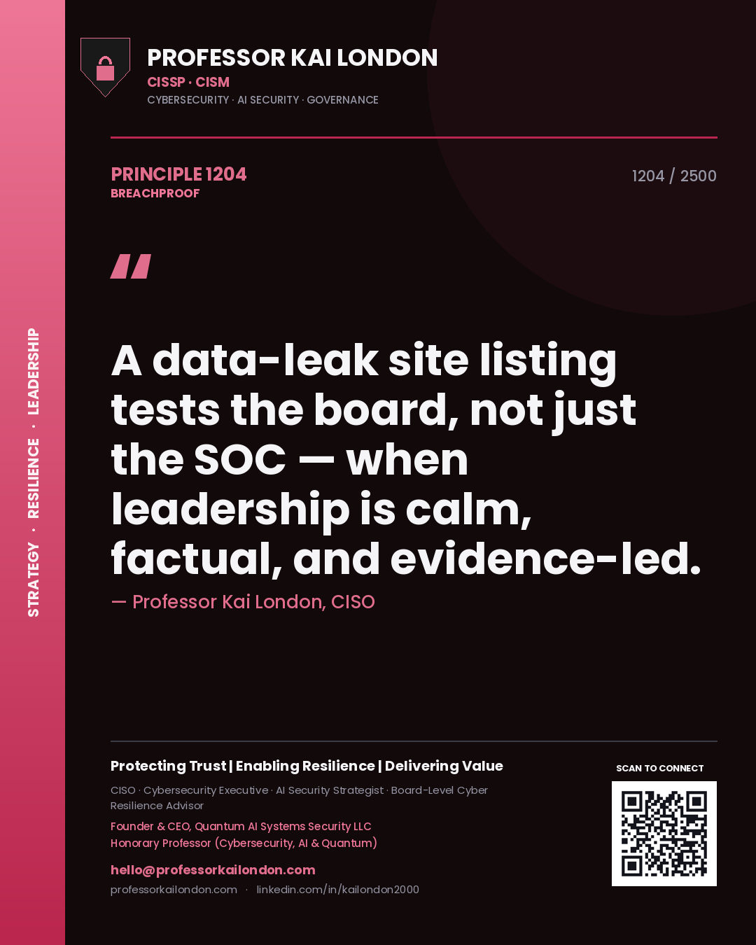 Professor Kai London principle 1204: A data-leak site listing tests the board, not just the SOC — when leadership is calm, factual, and evidence-led.