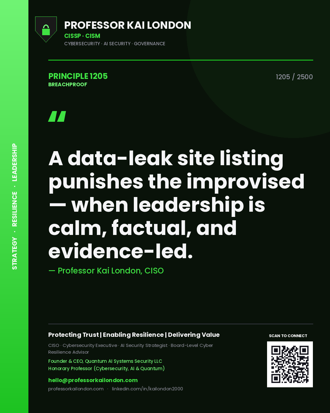Professor Kai London principle 1205: A data-leak site listing punishes the improvised — when leadership is calm, factual, and evidence-led.