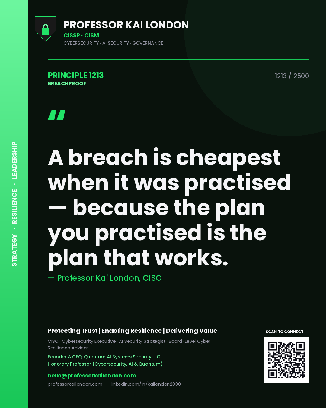 Professor Kai London principle 1213: A breach is cheapest when it was practised — because the plan you practised is the plan that works.