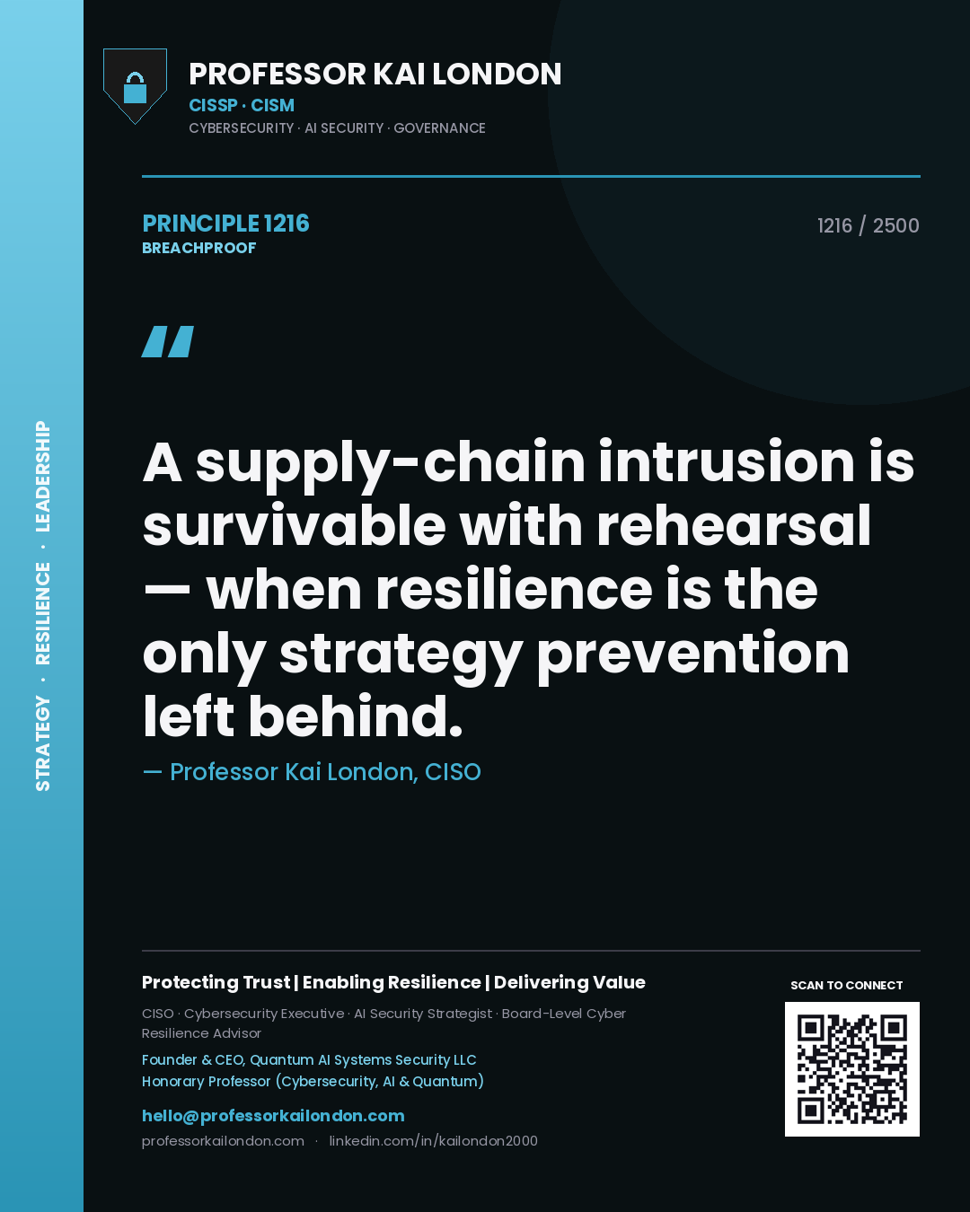 Professor Kai London principle 1216: A supply-chain intrusion is survivable with rehearsal — when resilience is the only strategy prevention left behind.