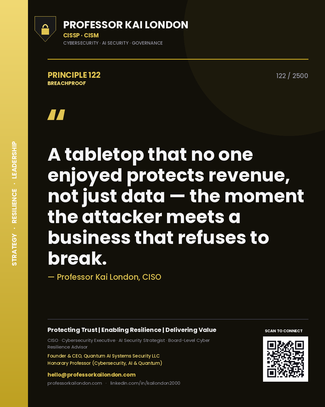 Professor Kai London principle 122: A tabletop that no one enjoyed protects revenue, not just data — the moment the attacker meets a business that refuses to break.