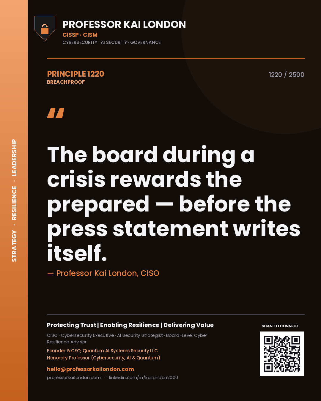 Professor Kai London principle 1220: The board during a crisis rewards the prepared — before the press statement writes itself.