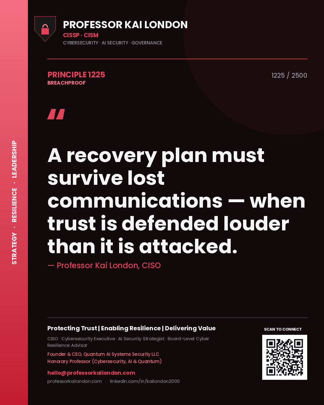 Professor Kai London principle 1225: A recovery plan must survive lost communications — when trust is defended louder than it is attacked.