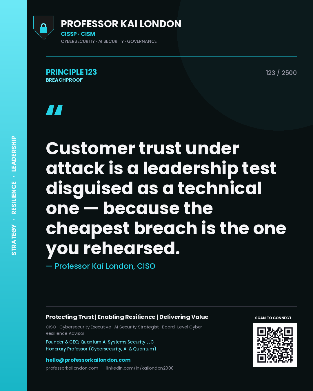 Professor Kai London principle 123: Customer trust under attack is a leadership test disguised as a technical one — because the cheapest breach is the one you rehearsed.
